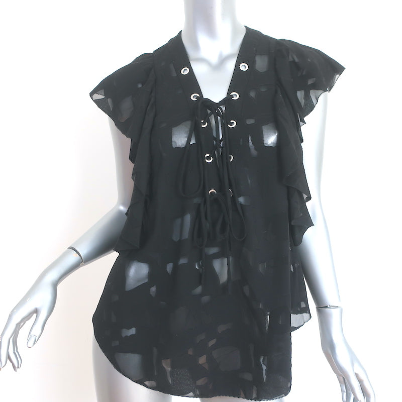 image of IRO Lace-Up Blouse Gilka Black Burnout Georgette Size 38 Sleeveless Top