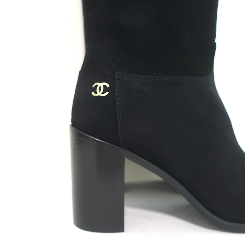 Chanel Over The Knee Boots Black Suede Size 35.5