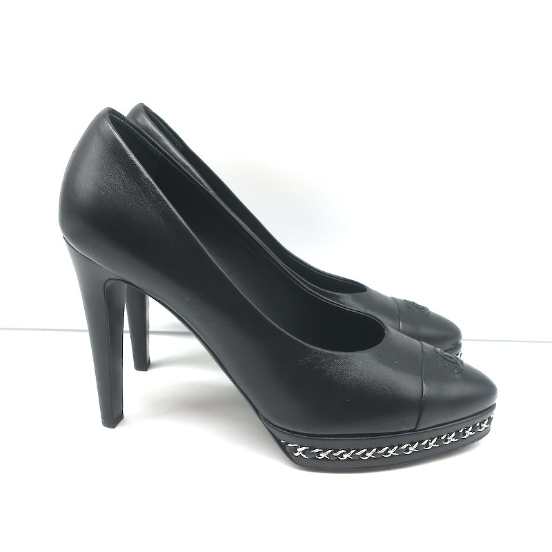Chanel Dark Grey Leather CC Platform Loafers Size 39.5 Chanel
