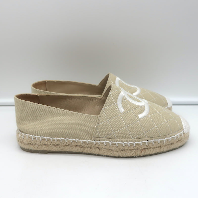 Chanel Biarritz CC Embroidered Espadrilles Beige Quilted Canvas Size 38