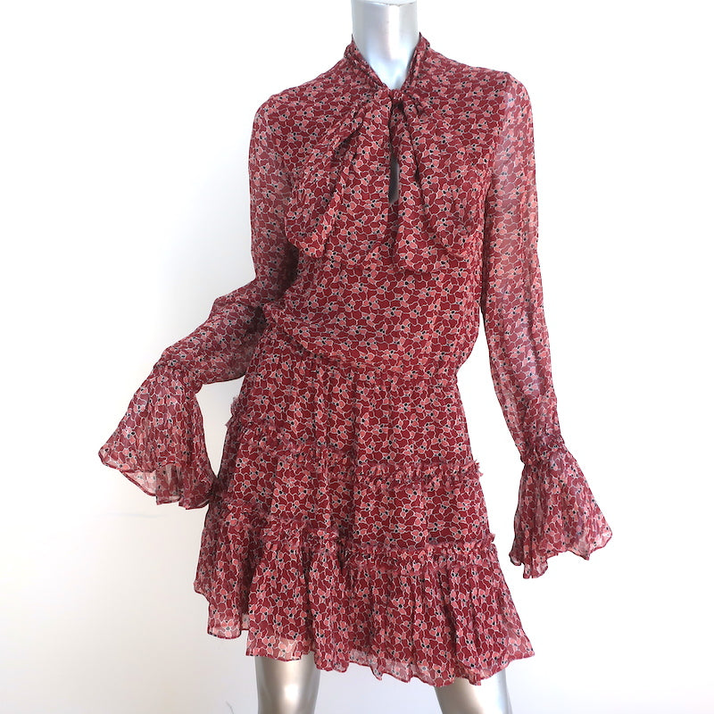 Image of Alexis Tie-Neck Mini Dress Elida Red Printed Silk Size Medium Bell Sleeve