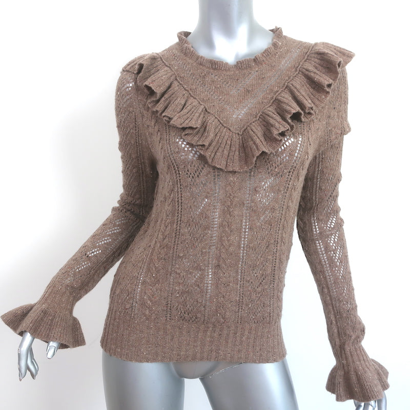 Image of Ulla Johnson Maritza Ruffled Cashmere Sweater Brown Pointelle Knit Size Small