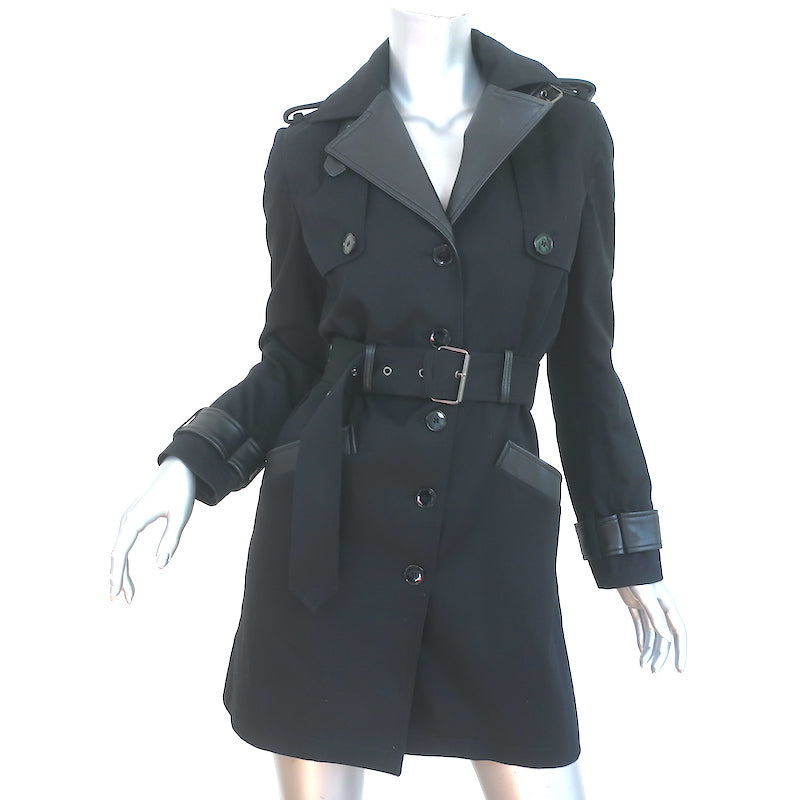 image of The Kooples Trench Coat Black Leather-Trim Cotton Size 36 Belted Jacket