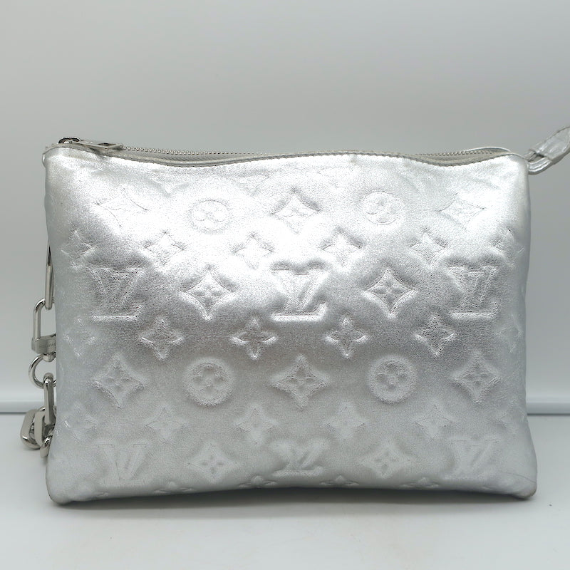 Louis Vuitton Coussin PM Shoulder Bag Silver Monogram Embossed Leather Crossbody