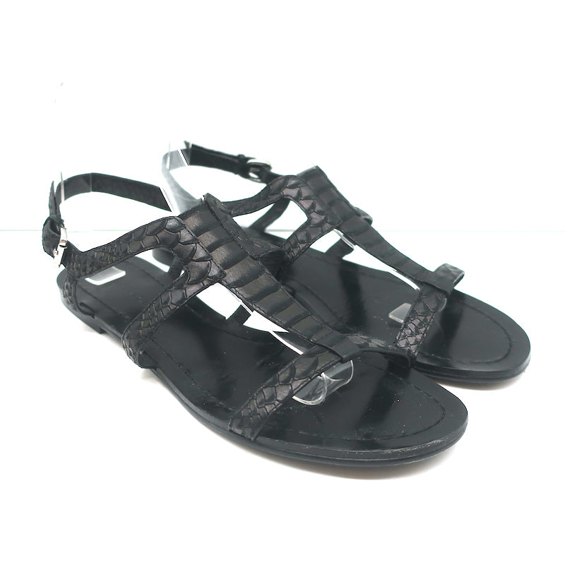 image of Sigerson Morrison Flat Gladiator Sandals Black Snake-Embossed Leather Size 9