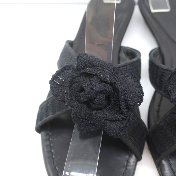 Chanel Black Fabric Braided Trim Criss Cross CC Flat Slides Size