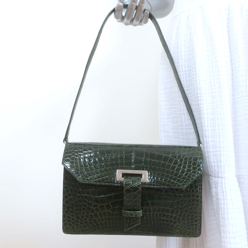 Image of Puruti Alligator Shoulder Bag Dark Green Small Flap Bag