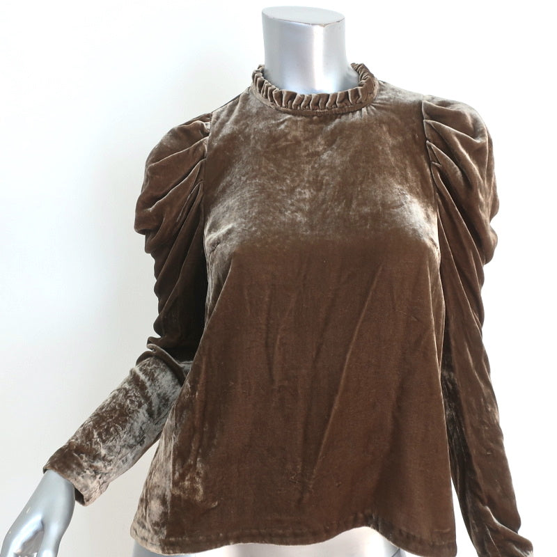 Image of Ulla Johnson Puff Sleeve Blouse Giles Brown Velvet Size 0 Ruffle Neck Top