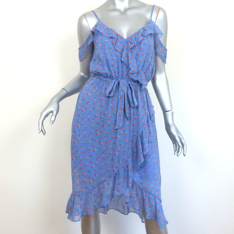 image of Joie Cold-Shoulder Dress Dinesha Blue Ruffled Strawberry Print Silk Size Small