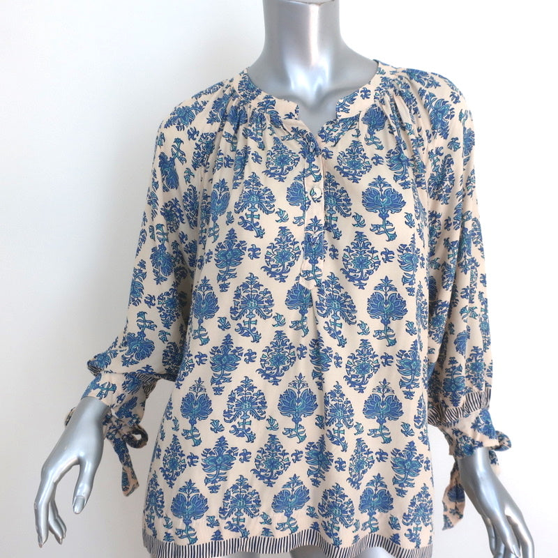 Image of Natalie Martin Tie-Sleeve Top Renata Ivory/Blue Cyprus Print Size Extra Small