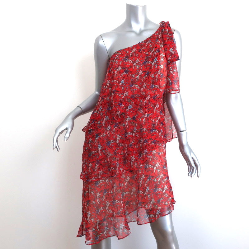 image of Just Cavalli One Shoulder Tiered Dress Red Star Print Chiffon Size 42