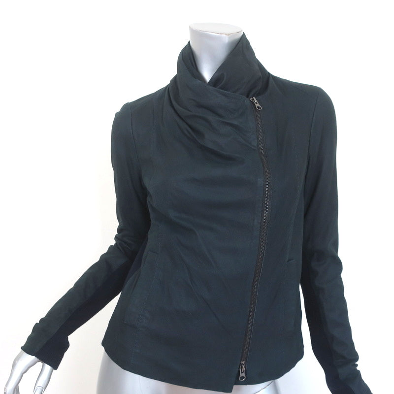 image of Vince Cowl Neck Leather Biker Jacket Navy Size Medium