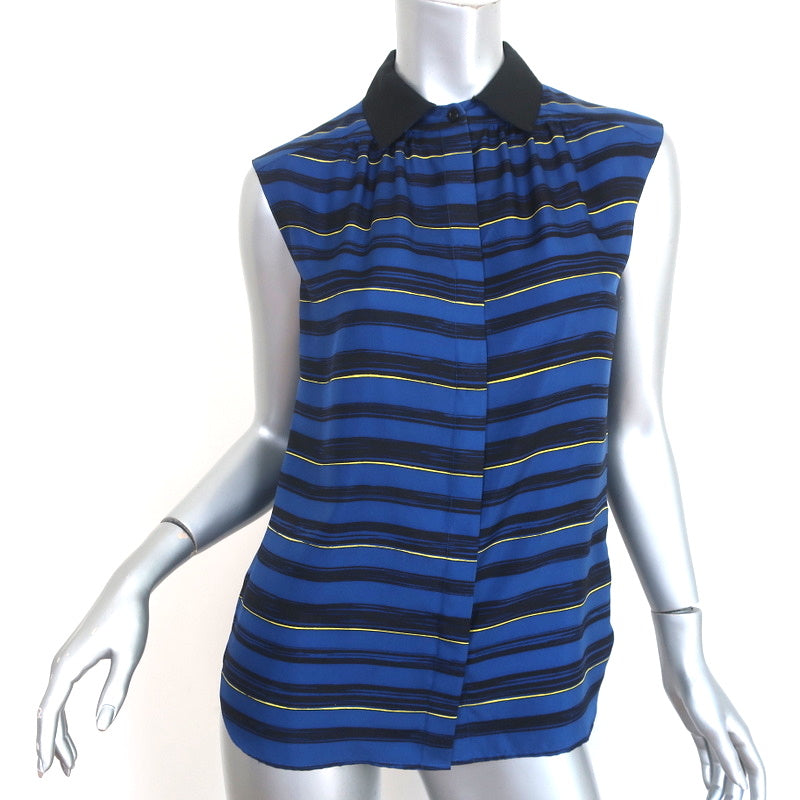 image of Miss Wu by Jason Wu Collared Blouse Blue Striped Silk Size 0 Sleeveless Top