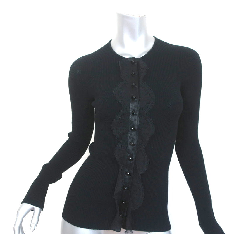 image of Dolce & Gabbana Cardigan Black Lace-Trim Ribbed Knit Size 42 Crewneck Sweater