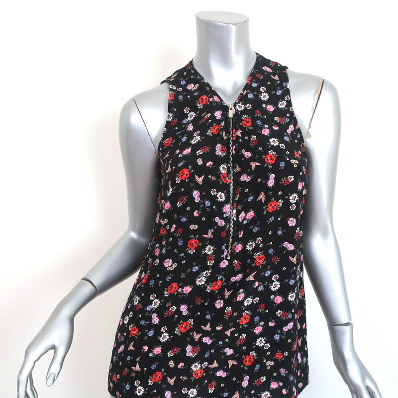 image of The Kooples Half-Zip Tank Top Black Floral Print Silk Size Extra Small