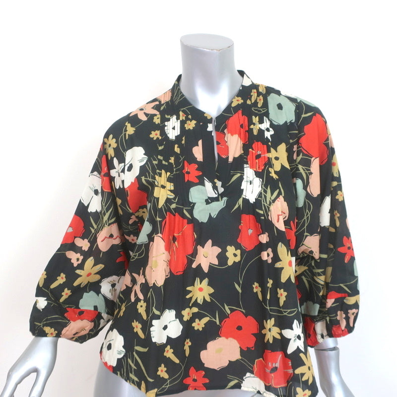 image of Warm Blouse Black Floral Print Cotton Size 2 V-Neck 3/4 Sleeve Top NEW