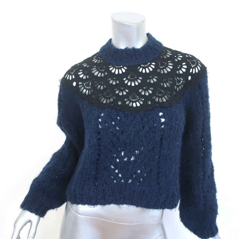 Image of SEA Eyelet-Inset Sweater Navy Alpaca-Wool Size 2 Mock Neck Pullover