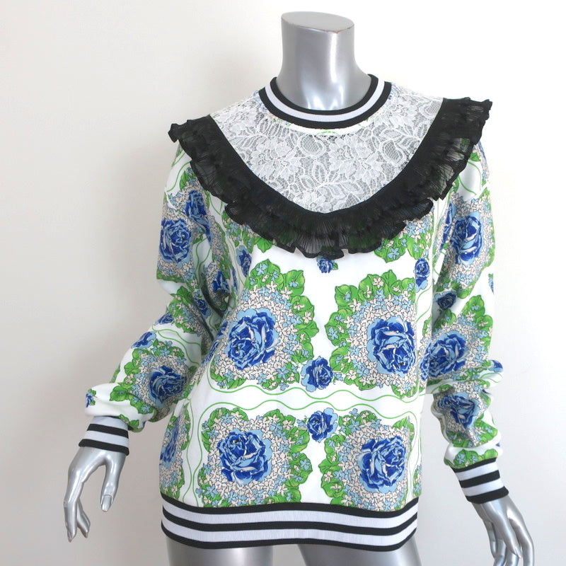 Image of Rodarte Ruffled Lace Yoke Sweatshirt White/Blue Floral Print Size Extra Small