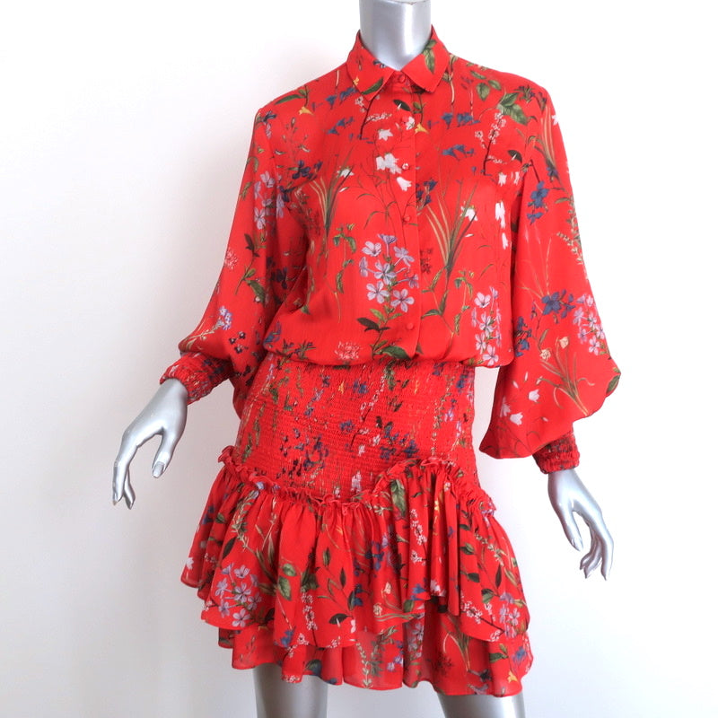 Image of Alexis Mini Dress Rianna Red Floral Print Smocked Satin Size Extra Small