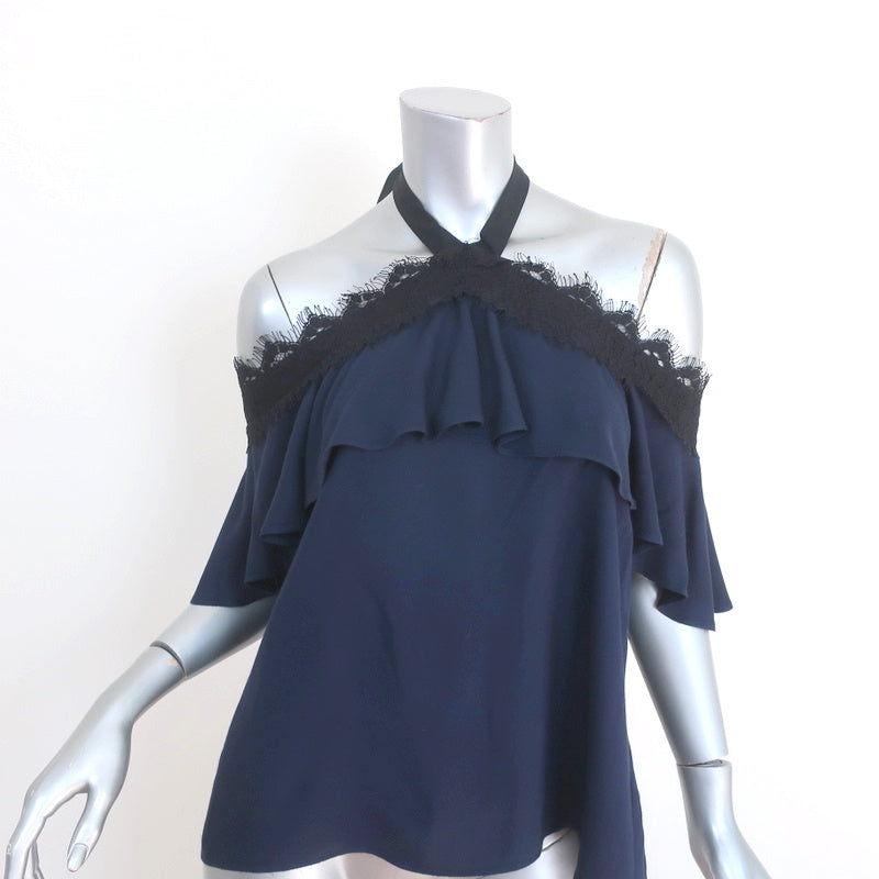 image of Alice + Olivia Off the Shoulder Halter Top Alyssa Navy Lace-Trim Size Medium