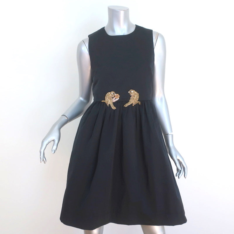 image of No. 21 Beaded Bird Dress Black Taffeta Size 40 Sleeveless Fit & Flare