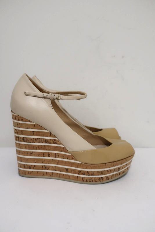 auth LOUIS VUITTON cream and beige patterned Wedge Cork Platform Sandals 38