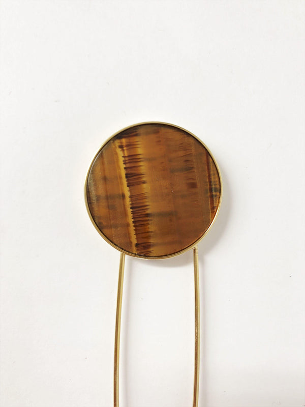 Hillier Bartley Tiger's Eye Round Safety Pin Brooch 24k Gold