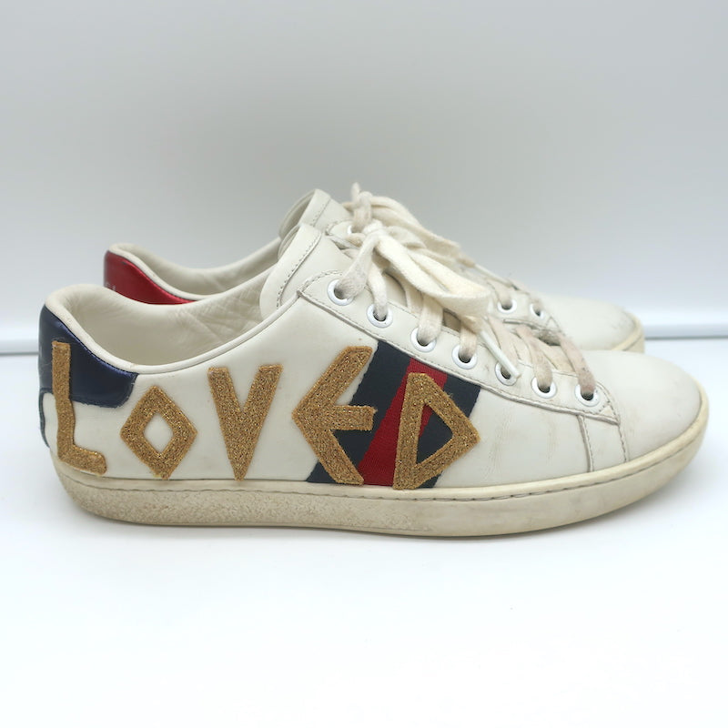 Gucci Loved Embroidered Sneakers White Leather 36.5 Celebrity Owned