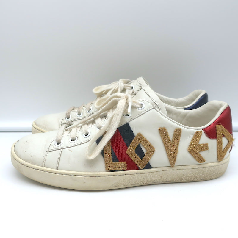 Gucci Loved Embroidered Ace Sneakers White Leather Size  – Celebrity  Owned