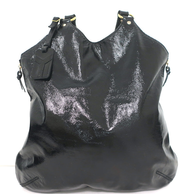 Black leather and black patent leather patchwork tote shoulder bag