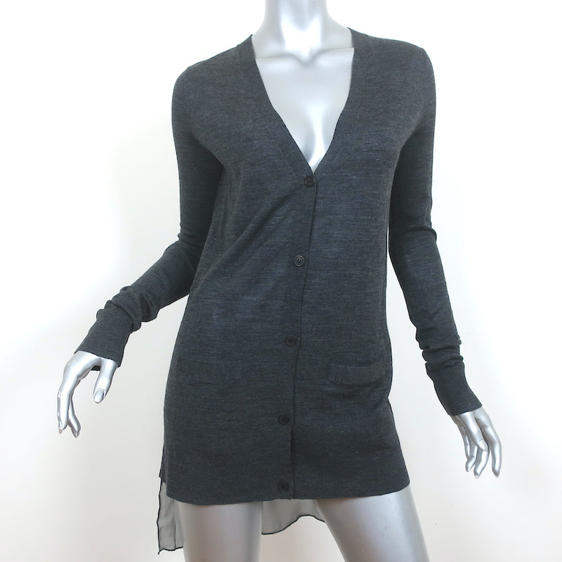 image of Vera Wang Chiffon-Hem Cardigan Charcoal Wool Size Medium V-Neck Sweater