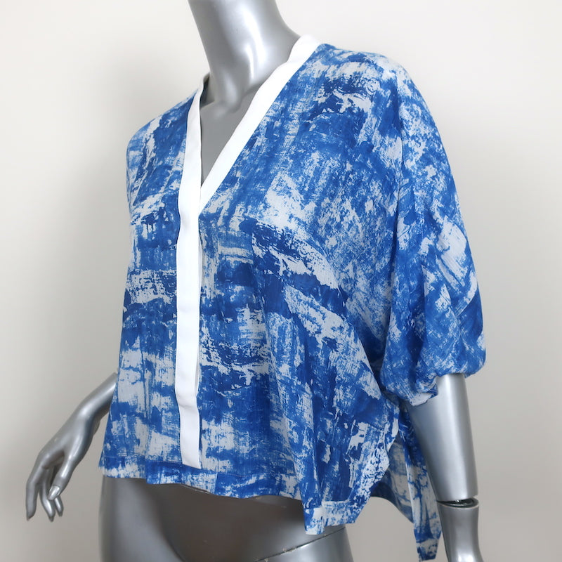 Helmut Lang Cropped Blouse Blue Scriber Print Silk Size Large