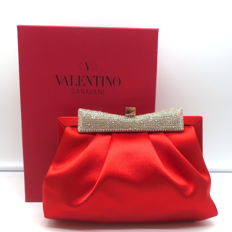 Valentino Bow Clutch Red Satin Chain Strap Shoulder Bag N – Celebrity Owned