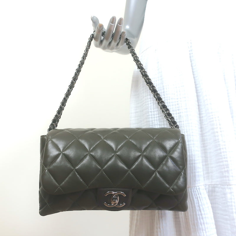 Chanel 2009 3 Accordion Flap Bag Dark Olive Quilted Leather Medium Shoulder Bag