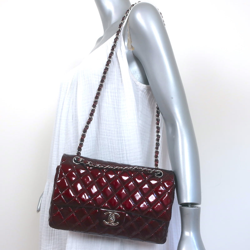 Chanel 2008 Classic Double Flap Bag Burgundy Quilted Patent Leather Shoulder Bag
