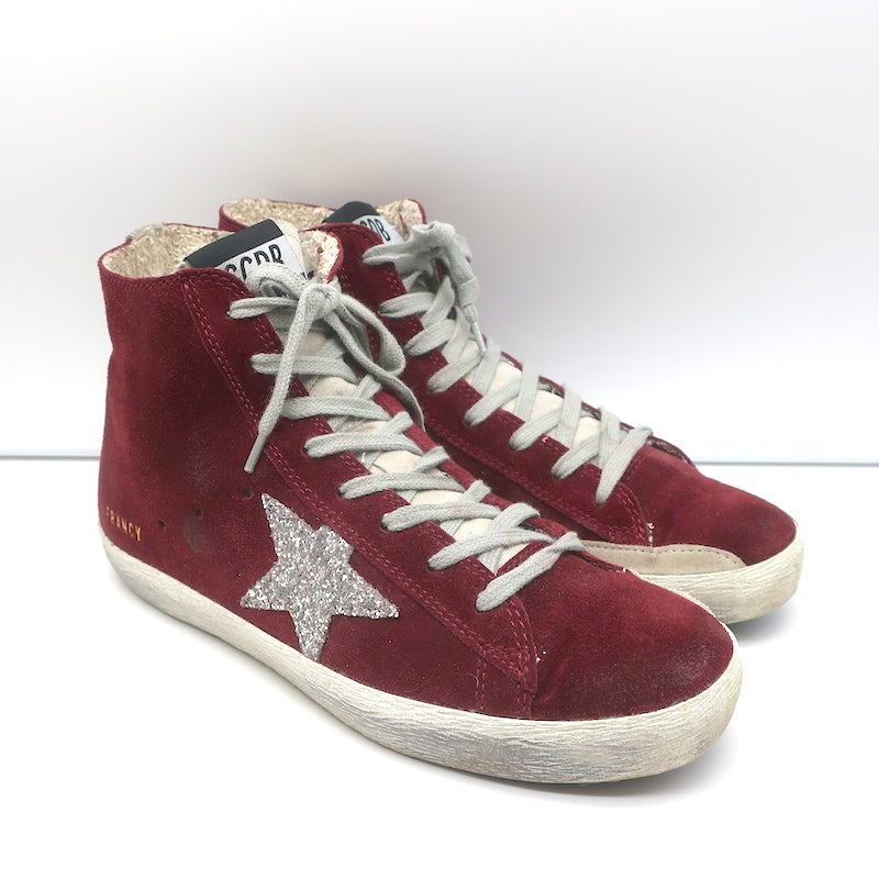 Golden Goose Francy High Top Sneakers Burgundy Suede with Glitter