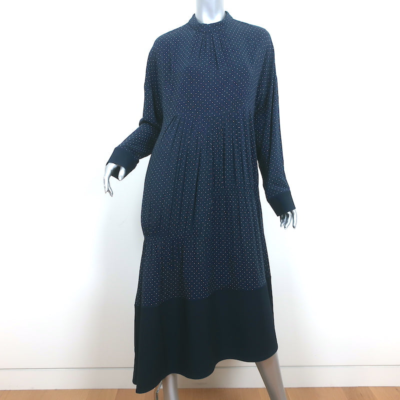 image of Tibi Asymmetric Midi Dress Navy Polka Dot Voile Size Medium Long Sleeve NEW