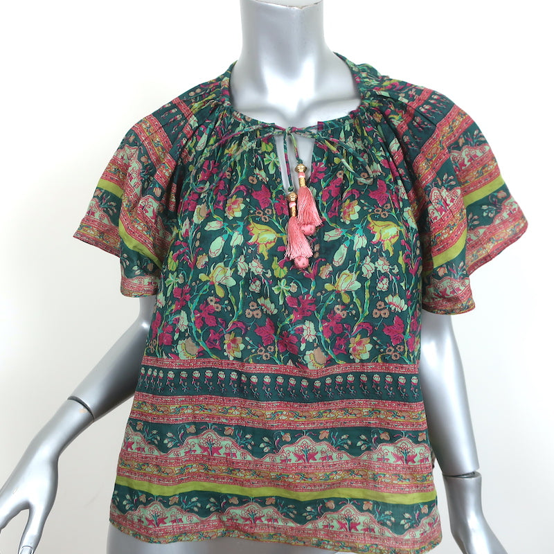 image of Bell Tassel Blouse Green Floral Print Cotton-Silk Size Medium Flutter Sleeve Top