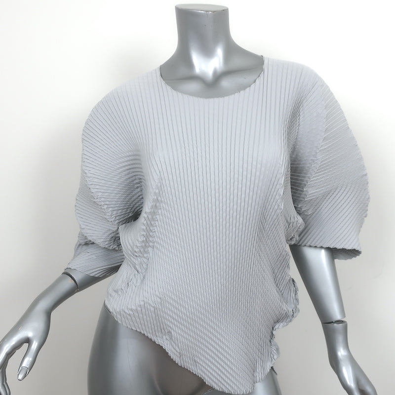 image of NU London Black Label Asymmetric Pleated Top Light Gray Size 0 Short Sleeve Blouse