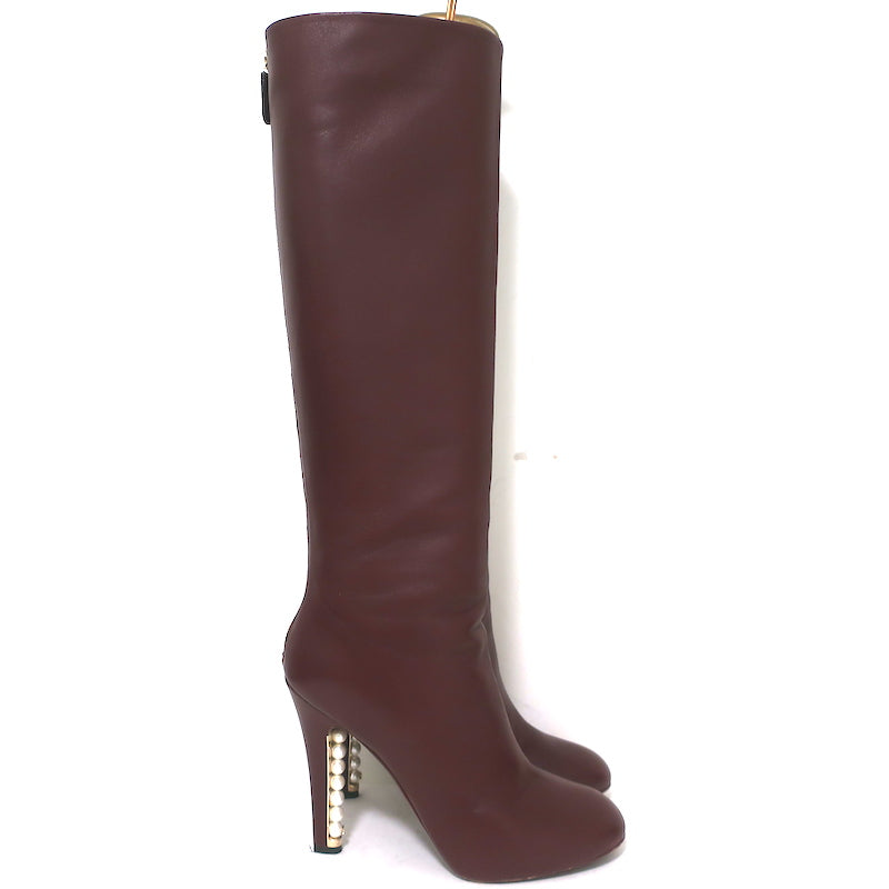 Chanel Pearl Heel Knee High Boots Bordeaux Leather Size 39