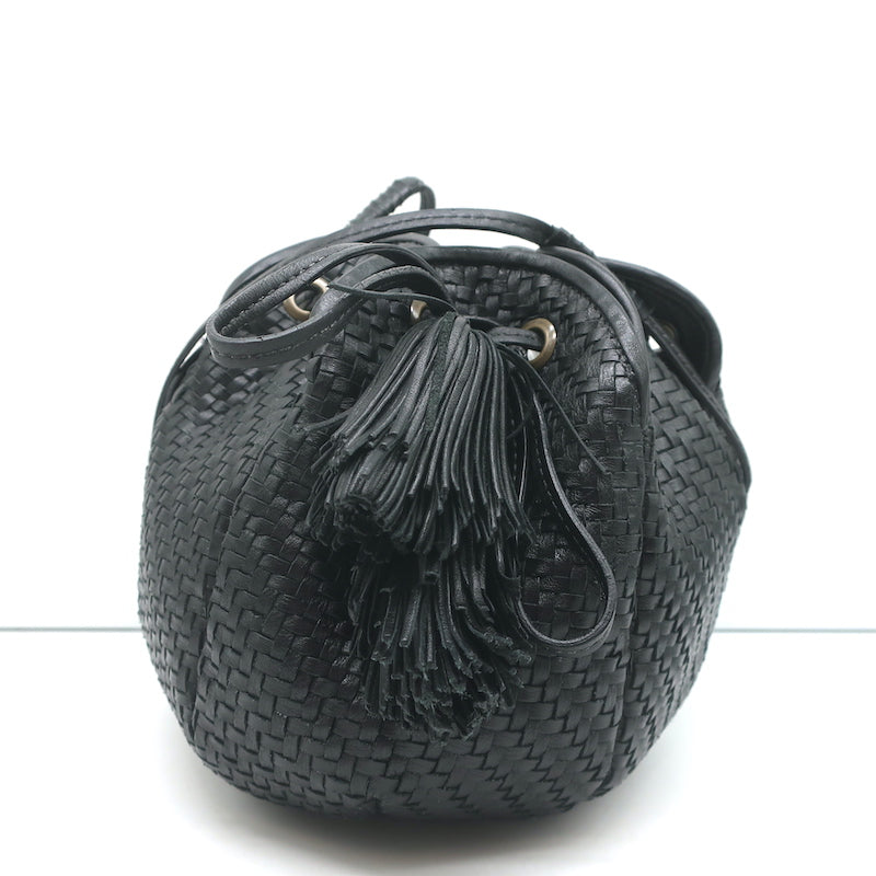 Bottega Veneta Mini Woven Leather Bucket Bag Black