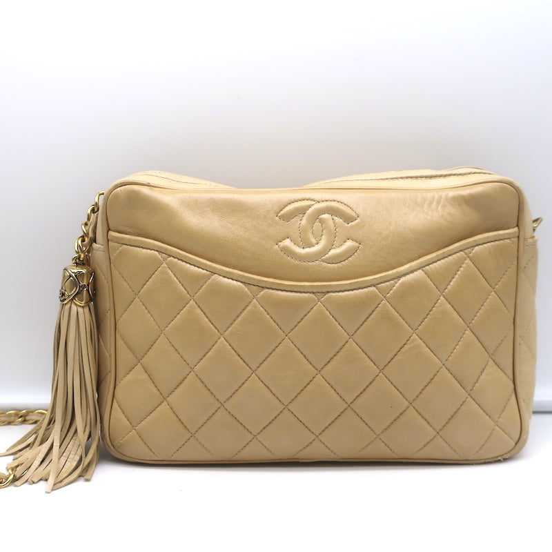 Vintage Chanel Quilted Tassel Camera Bag Beige Leather Chain Strap