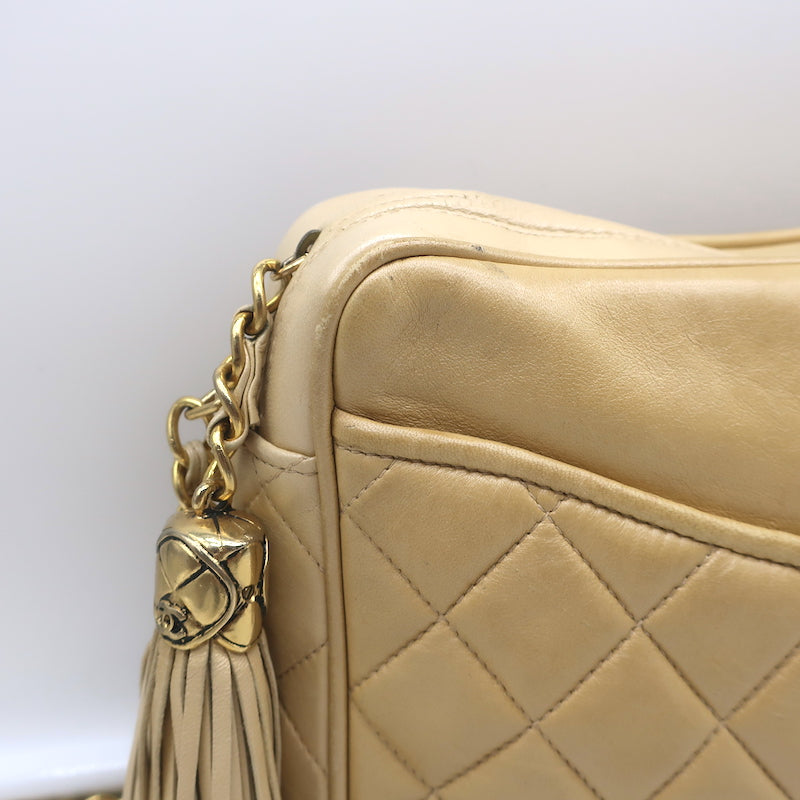 Vintage Chanel Quilted Tassel Camera Bag Beige Leather Chain Strap