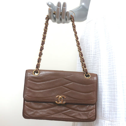 Vintage Chanel 2.55 CC Shoulder Bag Brown Rope-Trim Wavy