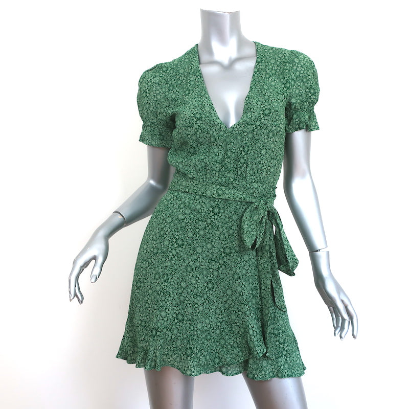 Image of Reformation Mini Wrap Dress Green Ruffled Floral Print Crepe Size Extra Small