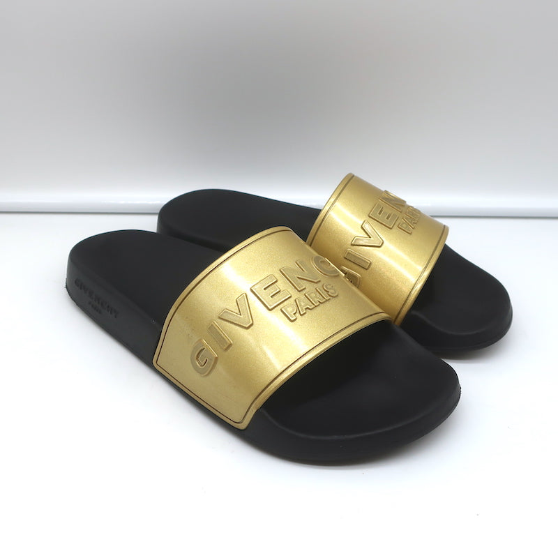 Givenchy Logo-Embossed Pool Slide Sandals Gold Size 38 – Celebrity Owned