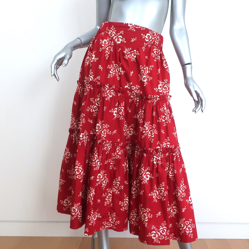 Image of SEA Tiered Midi Skirt Alessia Red Floral Print Cotton Size Medium