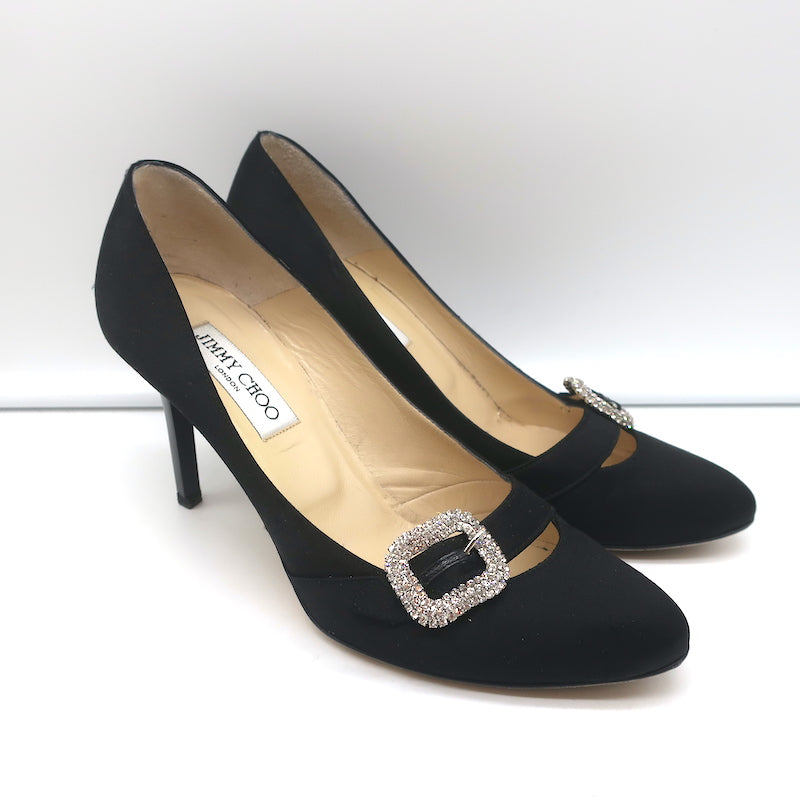 Louis Vuitton Black Satin Crystal Toe Heels Pumps Size 38.5