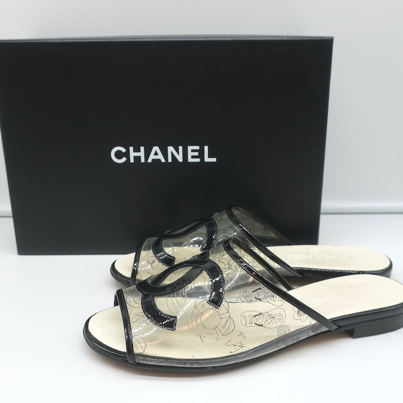 Chanel 19S Fantasy PVC Mules Black Patent Leather Trim Size 38 – Celebrity Owned