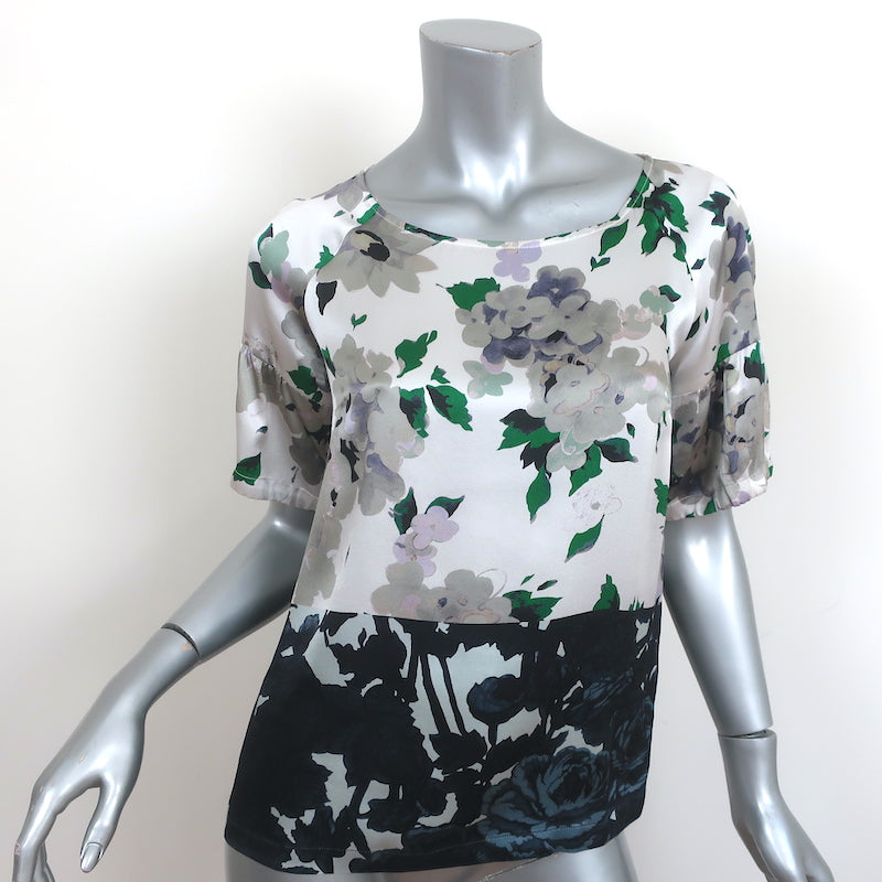 image of Dries Van Noten Blouse Silver Floral Print Silk Satin Size 36 Short Sleeve Top